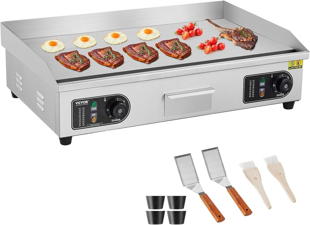 VEVOR Commercial Electric Griddle, 2800W Countertop Flat Top Grill, 122-572 Adjustable Temp, 29in Stainless Steel Griddle Grill with 2 Shovels and 2 Brushes for Home or Restaurant(110V No Plug)