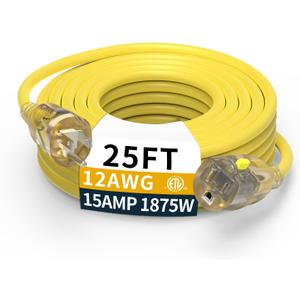 25FT 12/3 Gauge Heavy Duty Outdoor Extension Cord Waterproof, Weatherproof -58F to 140F with Lighted Outlet & Press-Release Lock, 15A 1875W 3 Prong, SJTW Electrical Power Cord, ETL Listed (Yellow)