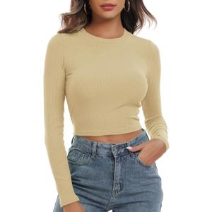 Artfish Women's Round Neck Long Sleeve Knit Ribbed Fitted Crop Top Casual Basic Shirts (Beige Tan Khaki)