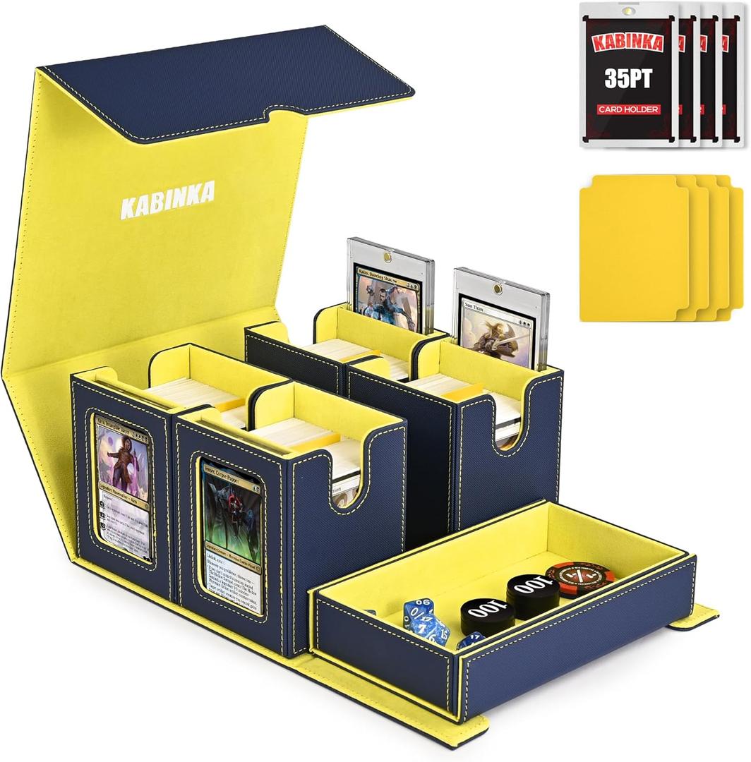 Card Deck Box for MTG with Commander Display, 5 in 1 Card Storage Box Fits 400+ Double-sleeved Cards, Removable Deck Case for TCG/Sports Cards with Dice Tray, 4 Magnetic Card Holders (Blue Yellow)