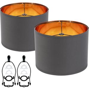 Farmhouse Drum Lamp Shade Set of 2-11.8" Vintage Barrel Style, Compact 5" Height, Gray Rustic Shade for Table/Floor/Wall Lamps, Easy Assembly & Harp Holder Included (Gray With Gold Interior) Farmhouse Drum Lamp Shade Set of 2-11.8" Vintage Barrel Style, Compact 5" Height, Gray Rustic Shade for Table/Floor/Wall Lamps, Easy Assembly & Harp Holder Included (Gray With Gold Interior)