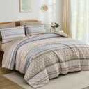 Drucon Boho Comforter Set Queen Size,7 Pieces Bed in a Bag Khaki Striped Bohemian Comforter Soft Microfiber Bedding Set for All Season