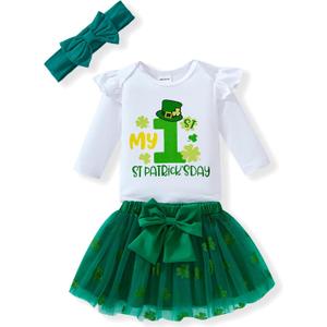 Baby Girl Outfits Long Sleeve Crewneck Romper+Tutu Skirt+Leg Warmer+Headband Holiday Dress Newborn to 18 Months (6-12 Months, Shamrock/Green)