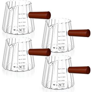 4 Pcs 6 Oz/ 180 ml Espresso Shot Glass with Wood Handle, Espresso Accessories, Single Spouts Milk Frother Measuring Cup with Clear Scale Heat Resistant for Coffee Milk Tea Syrup