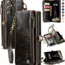 Defencase Compatible with Samsung Galaxy S24 FE Case Wallet with RFID Blocking Card Holder for Women Men, PU Leather Magnetic Snap Flip Zipper Strap Wallet Phone Case for Galaxy S24 FE 5G 6.7", Coffee