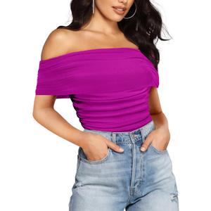 SAUNGKUAI Women's Short Sleeve Bodysuit Off the Shoulder Mesh Ruched One Piece Body Suits Summer Outfits (X-Large, Hotpink)