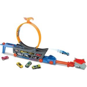 Hot Wheels Transporter Truck Mobile Playset Large Loop Collapsible Launcher Room for 18 Die-Cast 1:16 Vehicles Ages 3 and Up (Multicolor)