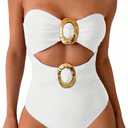 GORGLITTER Women's Strapless High Cut One Pieces Swimsuits Bandeau Classy Bathing Suit Cut Out Tummy Control Monokini, White, Medium