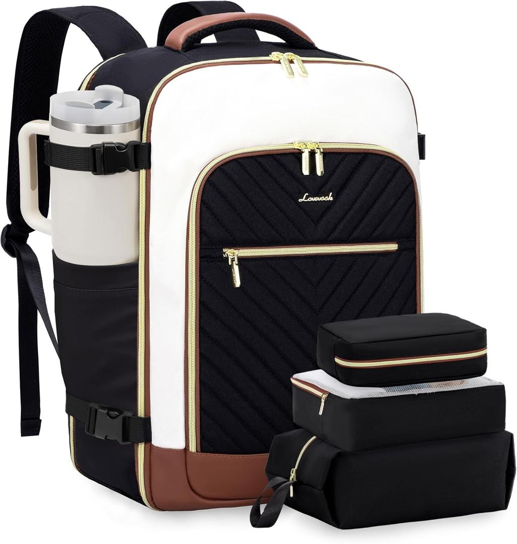 LOVEVOOK Large Travel Backpack for Women, TSA Carry on Backpack for Airplanes, 40L Personal Item Travel Bag for Women fits 17" Laptop, Waterproof Carry on Bag Airplane Approved with 3 Packing Cubes (Black - Beige - Brown)