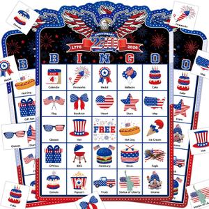 4 x Joy Bang 250 Anniversary USA Bingo Card Games for Kids Adults, Celebrate America 250 Years Game Merchandise 4th of July Bingo Game Patriotic Crafts Activities Party Favors Supplies, 7.6 x 6.0 inches