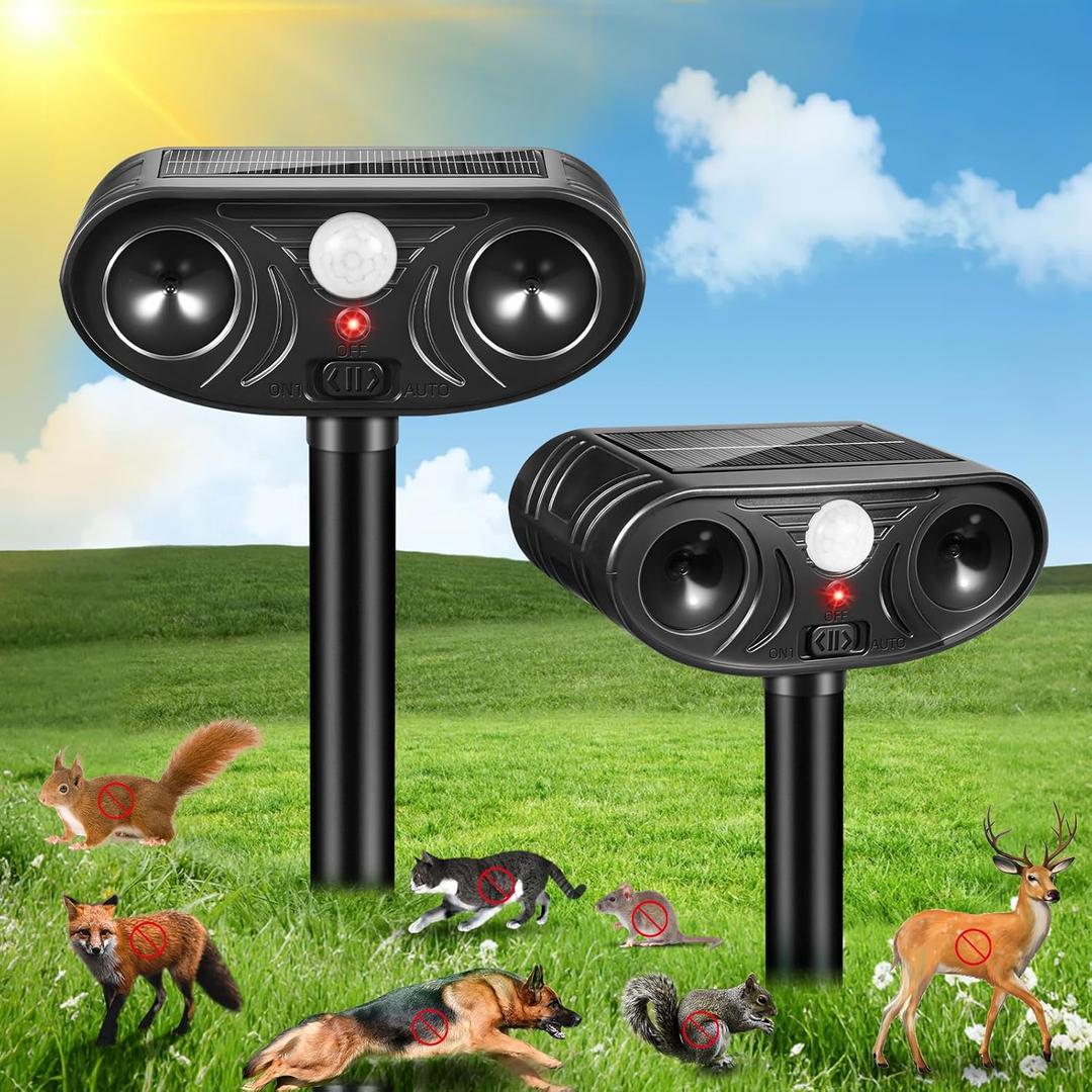 2026 Solar Ultrasonic Animal Repellent Sonic Deer Repellent Devices Waterproof Cat Deterrent Outdoor with Motion Sensor Squirrel Skunk Rabbit Dog Raccoon Deterrent for Yard Lawn Garden, 2 Pack, Black