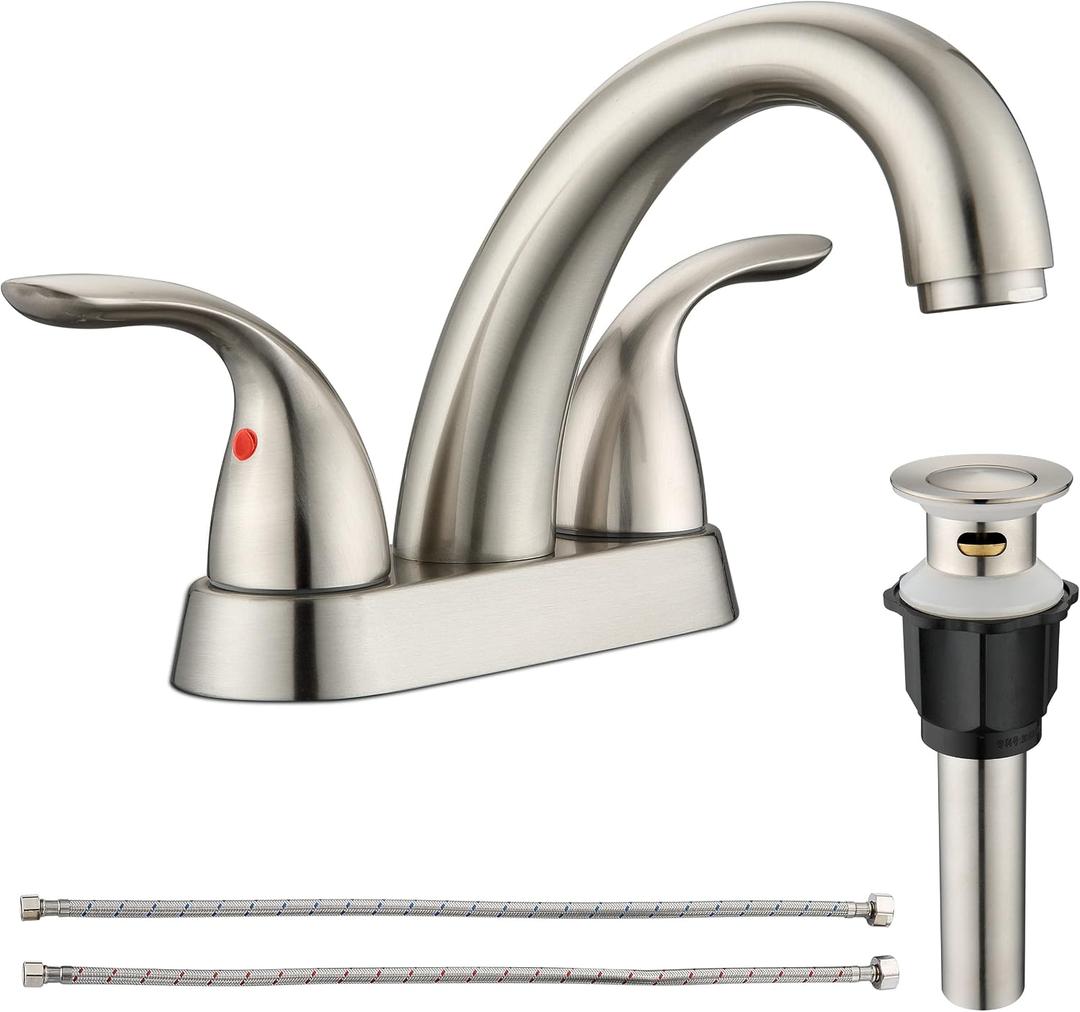 2 Handle Bathroom Sink Faucet, with Pop up Drain & Supply Lines, 4 Inch Centerset Brushed Nickel Faucet for Lavatory Bathroom Sink, Professional Modern Vessel Deck Mount Vanity rv Faucet