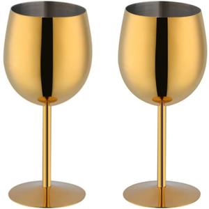 Stainless Steel Wine Glasses Set of 2, 11.8oz Unbreakable Goblet Glass,White Red Wine Metal Drink Champagne Goblet for Outdoor, Travel, Camping, Party,Wedding (Gold)
