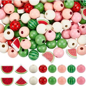 150Pcs 8 Styles Watermelon Wood Beads Wooden Fruit Beads Bulk Round Loose Bulk Colorful Assorted Shape Summer Spacers for Jewelry Making Findings DIY Crafts DIY Bracelet Necklace Home Decor