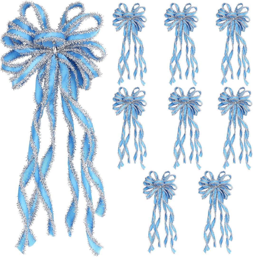 SY Super Bang 8 Pcs Lake Blue/Sliver Velvet Christmas Bows for Christmas Tree Decorations Door Wreath Garland Bow Ornaments, for Gift Wrapping Wedding Home Holiday Party Decor.