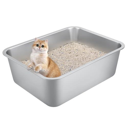 Stainless Steel Cat Litter Box for Large Cats - 17.5"x13.6"x6.1" High-Sided Metal Tray, Anti-Splash & Odor Resistant, Durable Rustproof Design, Easy to Clean