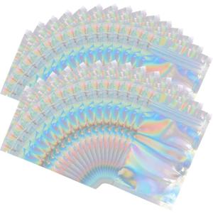 100 Pieces Mylar Holographic Resealable Bags - 4 x 6" Smell Proof Bags, Candy Bags Foil Pouch Bags for Party Favor Food Storage Holographic Color, 4 x 6 Inch