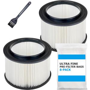2 Pack 17810 Filters Replacement for Craftsman 3 to 4 Gallon General Purpose Wet Dry Vacuum, Part# 9-17810, with 8 Pre-filter Bags & 1 Brush