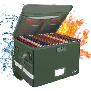 ENGPOW File Box with Lock, Fireproof Document Box with Zipper Lid, Collapsible File Storage Organizer Filing Cabinet with Handle, Portable Home Office Safe for Hanging Letter/Legal Folders, Green (15.55" x 12.2" x 10", 1 pack)