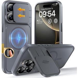 TOCOL for iPhone 16 Pro Case with Slide Camera Cover, Kickstand and Camera Control Button, Fit for MagSafe, Rugged Solid Phone Case, Non-Slip, Drop Protection, Gray