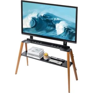 MyGift Modern TV Stand with Shelf for Flat Screens, Minimalist Metal and Beech Wood Television Mount Stand, Holds up to 75 Inches, Large