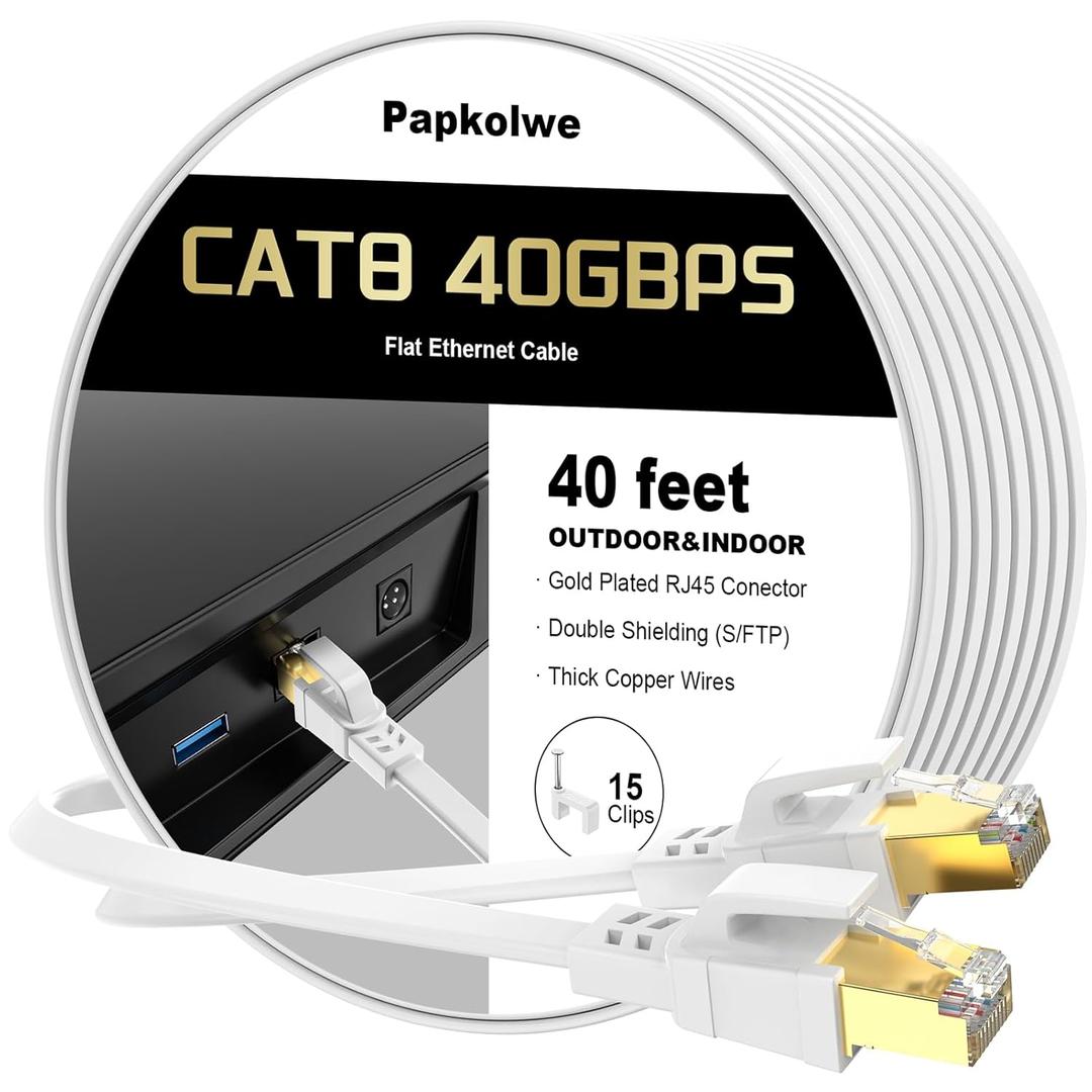 Cat 8 Ethernet Cable 40 ft, Heavy Duty High Speed Cat8 LAN Network Cable, 40Gbps 2000MHz RJ45 Flat Internet Computer Patch Cord, Weatherproof S/FTP UV Resistant for Gaming/Router/Modem,Outdoor&Indoor (White)