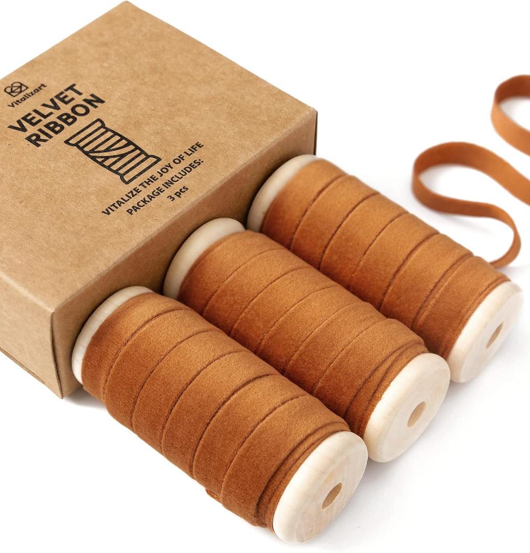 5 x Vitalizart Terracotta Velvet Ribbon Set 3/8" x 15 Yd Fall Ribbon Fabric Trim 3 Rolls * 5 Yd for Christmas Wreath Decoration Handmade Craft Ornaments Gift Wrapping & Bow Making
