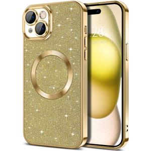 Hython for iPhone 15 Plus Case Glitter, Clear Magnetic Phone Cases with Camera Lens Protector [Compatible with MagSafe] Bling Sparkle Plating Soft TPU Shockproof Protective Cover Women Girls, Gold