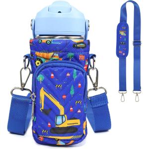 Water Bottle Carrier Bag for Kids, Insulated Holder With Adjustable Strap for 10/12/14/16/18oz Bottles, Sleeve for Boys Girls School Travel Sports (Blue Motorcycle)