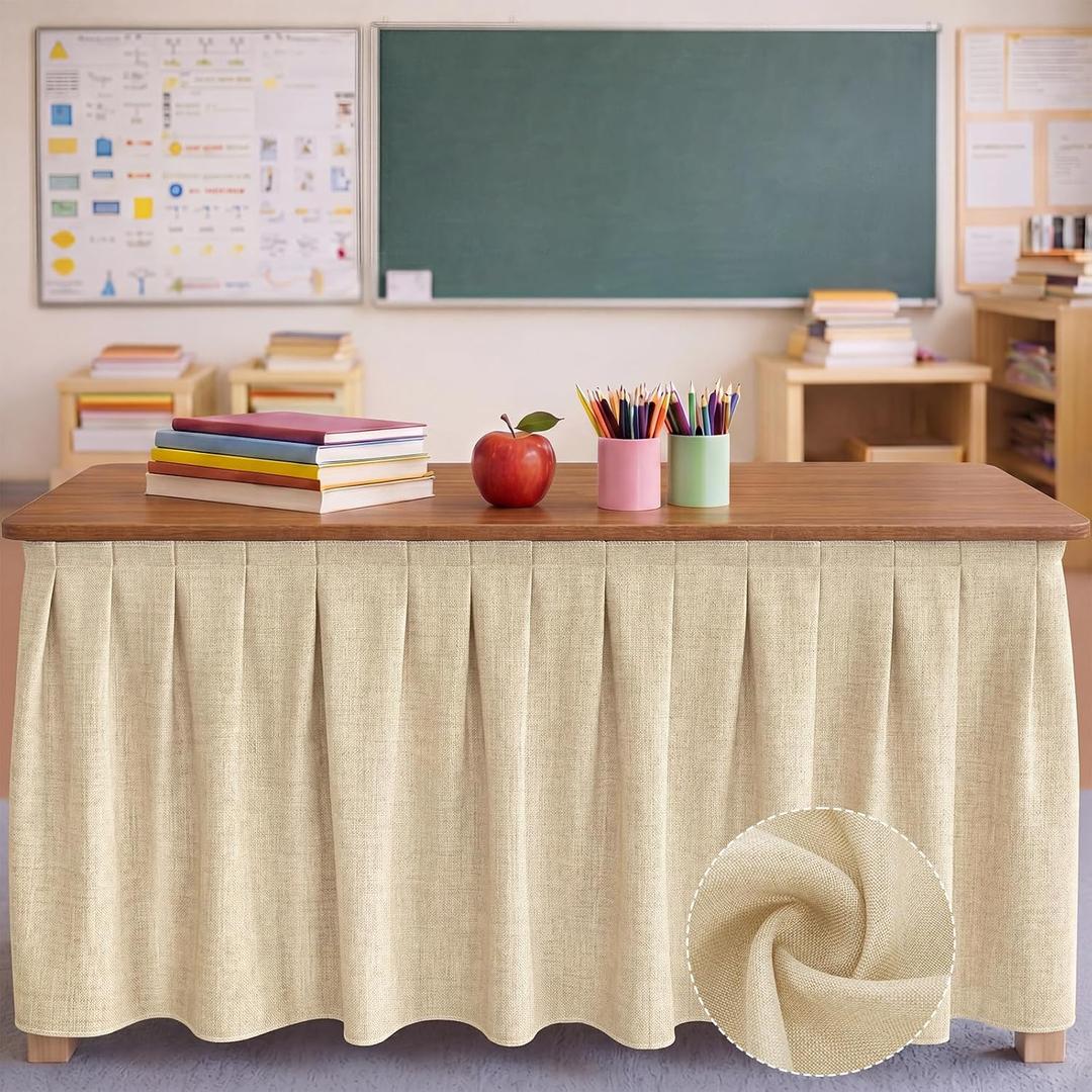 Tingjoo Beige 9 ft X 30'' Teacher Desk Skirts Linen Textured