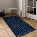 LEEVAN Washable Kitchen Rug 2'x4', Boho Hand-Woven Entryway Rug, Dark Blue Rainbow Bedroom Rug with Tassels, Farmhouse Tufted Bathroom Rugs, Bohemian Rugs for Bedside/Laundry/Nursery