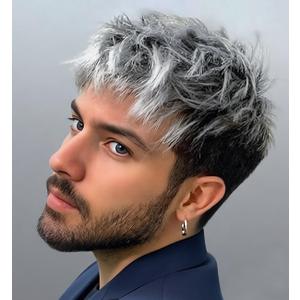 SEVENCOLORS Mens Wigs Short Grey Mixed Silver Wig Layered Natural Short Hair Wigs for Men Cosplay Halloween Party Synthetic Fashion Wig