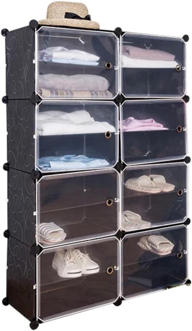 AGASY Shoe Rack, 24 Tiers Shoe Storage Cabinet 48 Pair Plastic Shoe Shelves Organizer for Closet Hallway Bedroom Entryway (Black Transparent, 8 Cubes)