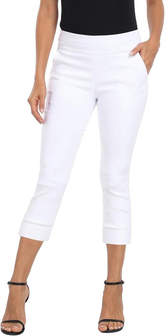 HDE Pull On Capri Pants for Women 21" Inseam Cropped Office Pants with Pockets (White, XL)
