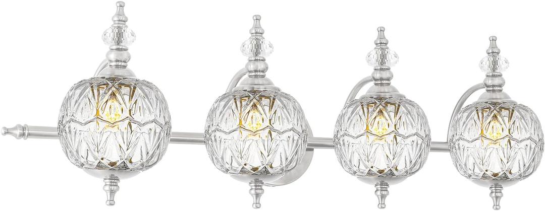 Brushed Nickel Bathroom Vanity Light Fixture Vintage Style - 4 Light G9 Bulb Compatible, 30" Wide Bathroom Lighting Over Mirror with Hand-Etched Glass Shades, Easy Mount for Makeup Area