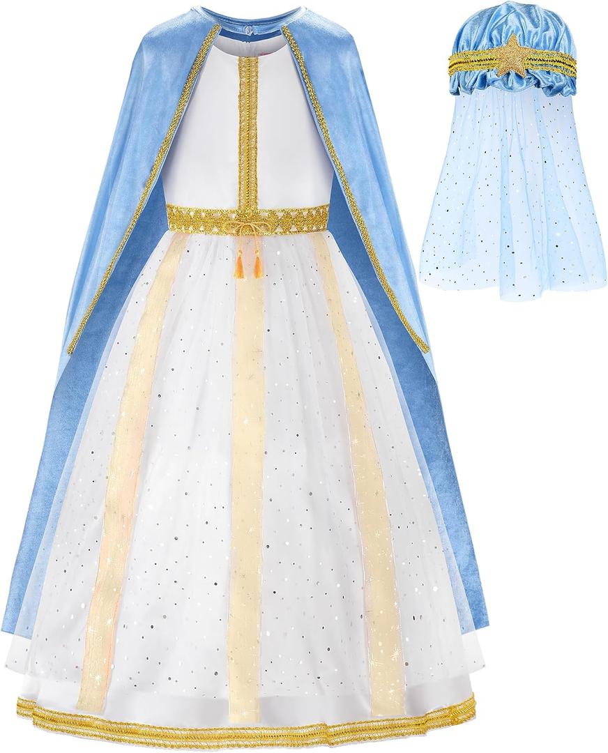 ReliBeauty Kids Virgin Mary Costume for Girls with Cape and Headpiece (7-8/130, White)