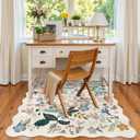 Floral Square Area Rugs for Family: Washable 5x5 Scalloped Carpet for Living Room Bedroom Soft Water Resistant Floor Mat with Non Slip Backing for Kitchen Nursery Dorms Farmhouse Home Decor(5x5,Cream)