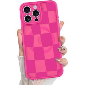 KANGHAR for iPhone 15 Pro Max Case Checkered Cute Pattern Matte Aesthetic Magnetic [Compatible with Magsafe] Slim Shockproof Full Body Protection for Girls Women -Hot Pink