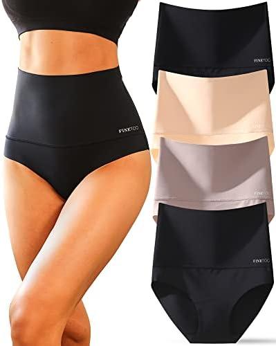 FINETOO Tummy Control Underwear for Women High Waisted Nylon Brief No Show Womens Bikini Seamless Panties 4pack S