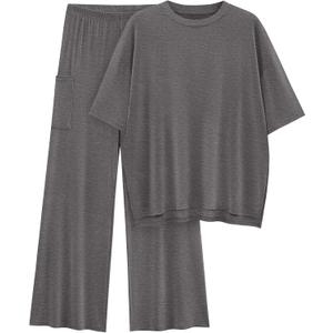 KIRUNDO Womens 2 Piece Outfits 2025 Summer Casual Loose Short Sleeve Pullover Tops & Wide Leg Pants Lounge Sets Tracksuit (Medium, Dark Grey)