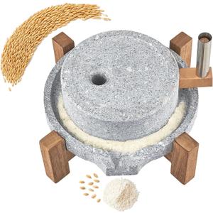 Stone Grain Mill - Manual Flour Mill with Stable Wood Base, Natural Granite Stone Grinder Mill for Dry & Wet Use, Home Kitchen Tool (9.8 x 13.8 inch)