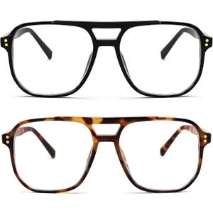 FEISEDY 2Pack Blue Light Blocking Glasses Fake Nerd Clear Square Computer Lightweight Pilot Glasses Frame Oversized B2866 (2pack Black+leopard)