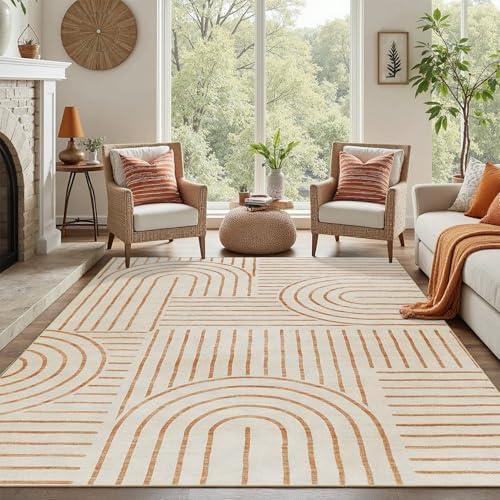 DCX Beige Machine Washable 8x10 Area Rugs, Midcentury Modern Non Slip Stain Resistant Rug 8x10 for Living Room, Playroom, Dining Room, Soft Low Pile Large Carpet