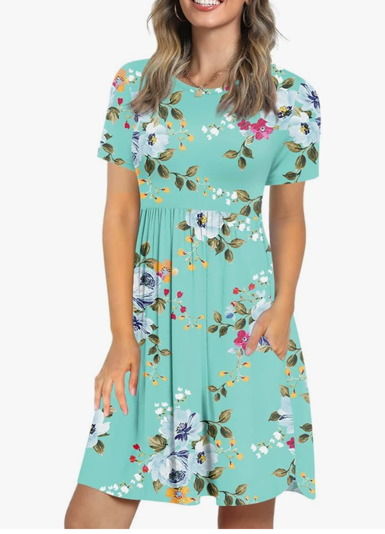 LONGYUAN Women's Casual Dresses 2025 Summer Short Sleeve Dress Hide Belly Loose Fit Sundress with Pockets medium