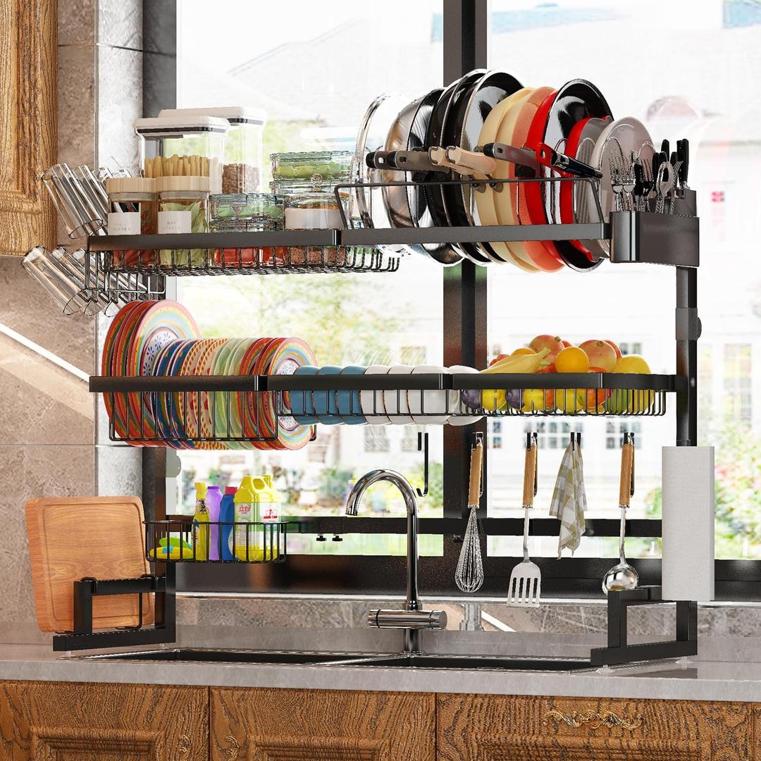 ADBIU Over Sink Dish Drying Rack (Expandable Height/Length) Snap-On Design Large Dish Drainer Storage Counter Organizer 32-40L x 12W x 34-38H (inches)