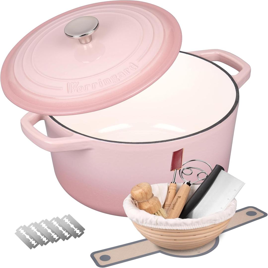 VORRINGARD Enameled Cast Iron Dutch Oven Pot with Lid, for Bread Baking, Round Bread Oven- include Sourdough Bread Baking Supplies set, 4.5QT, Pink