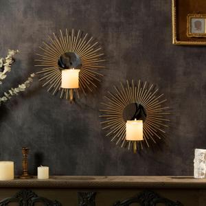 AIM & GGKK Wall Candle Sconce Holder,Set of 2 Mirror Wall Mounted Metal Candle Holder for Home,Living Room, Dining Room,Rustic Farmhouse Boho Decorations (Gold Sun)
