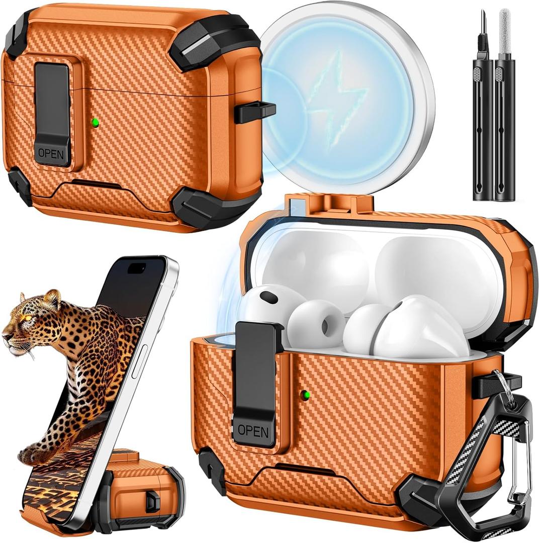 Inesore for AirPods Pro 3 Case (2025) with Phone Stand & Cleaning Kit,Compatible with Magsafe,Magnetic Automatic Lock Cover for AirPods Pro 3rd Generation,Orange