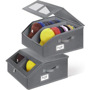 2 Pack Hat Storage for Baseball Caps-Holds Up to 48 Caps, Hat Organizer for Closet Stackable Hat Box with Cardboard, Dustproof Baseball Cap Organizer with 2 Handles for Home Travel (Grey, 2Pack)