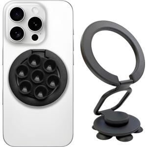 Magnetic Phone Holder wtih Suction Cup, Multifunctional Cell Phone Stand, Mount, Ring Grip, Kickstand Compatible with iPhone 16/15/14/13/12 Series and Magsafe Case (Black)
